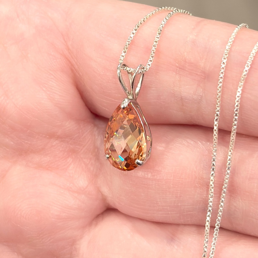 14K Citrine Teardrop Pendant, White Gold, Rose Pear Cut, Yellow Orange Cognac - Picture 11 of 16